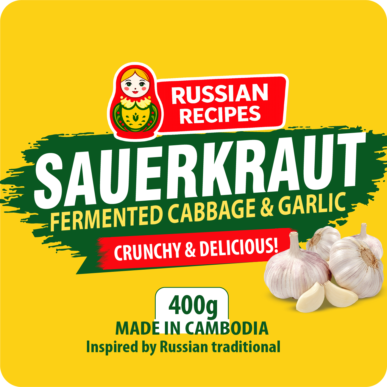 Sauerkraut packaging with garlic on a yellow background, featuring Russian Recipes branding.