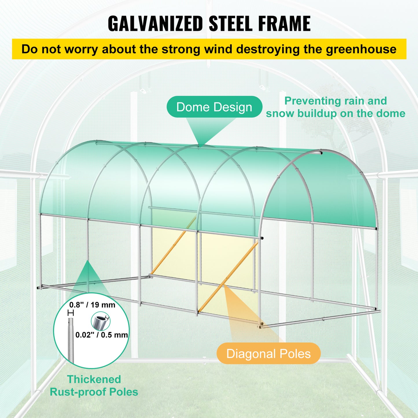 VEVOR Walk-in Tunnel Greenhouse, 15 X 7 X 7 Ft Portable Plant Hot House W Galvanized Steel Hoops, 1 Top Beam, Diagonal Poles, Zippered Door & 8 Roll-up Windows, Green - ArtOm_farm™ MICROGREENS