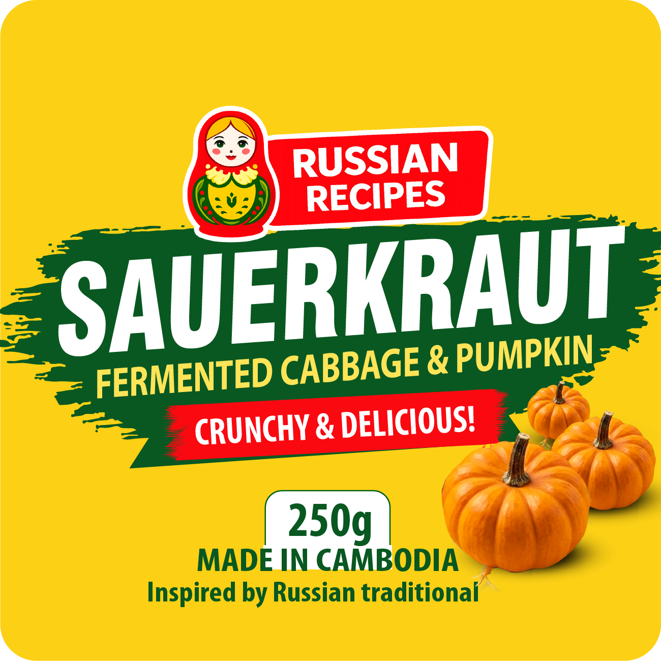 Sauerkraut package with pumpkins on a yellow background, featuring Russian Recipes branding.