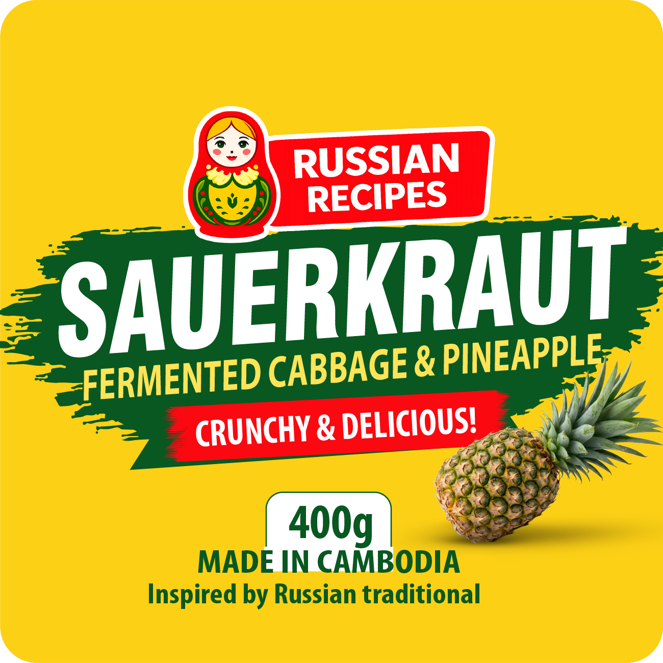 Front packaging graphic for a 400g pack of Sauerkraut by Russian Recipes, featuring a bright yellow background, a red and white matryoshka-style logo, large white 'SAUERKRAUT' text over a dark green brushstroke, and a pineapple illustration.