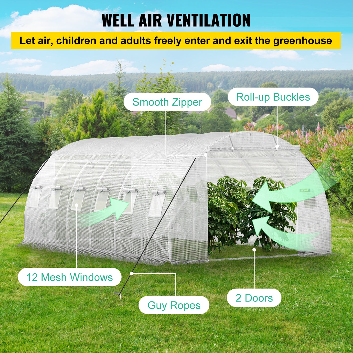 VEVOR Walk-in Tunnel Greenhouse, 20 X 10 X 7 Ft Portable Plant Hot House W Galvanized Steel Hoops, 3 Top Beams, Diagonal Poles, 2 Zippered Doors & 12 Roll-up Windows, White - ArtOm_farm™ MICROGREENS