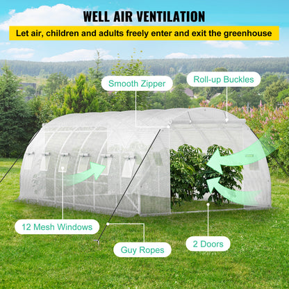 VEVOR Walk-in Tunnel Greenhouse, 20 X 10 X 7 Ft Portable Plant Hot House W Galvanized Steel Hoops, 3 Top Beams, Diagonal Poles, 2 Zippered Doors & 12 Roll-up Windows, White - ArtOm_farm™ MICROGREENS
