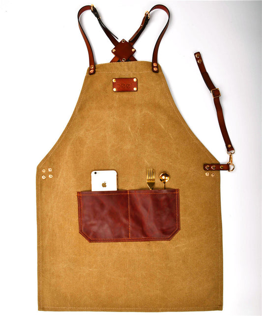 Waxed Canvas Apron with Leather Inserts - Waterproof Craftsman Work Apron - ArtOm_farm™ MICROGREENS