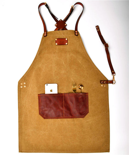 Waxed Canvas Apron with Leather Inserts - Waterproof Craftsman Work Apron - ArtOm_farm™ MICROGREENS