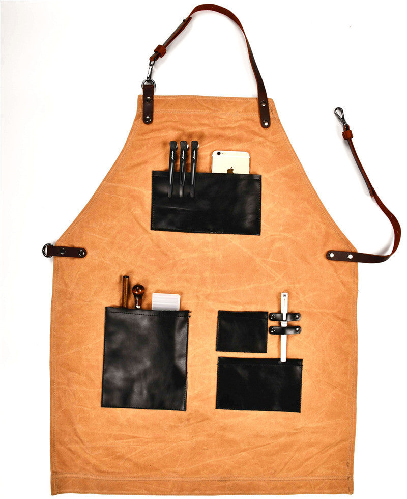 Waxed Canvas Apron with Leather Inserts - Waterproof Craftsman Work Apron - ArtOm_farm™ MICROGREENS