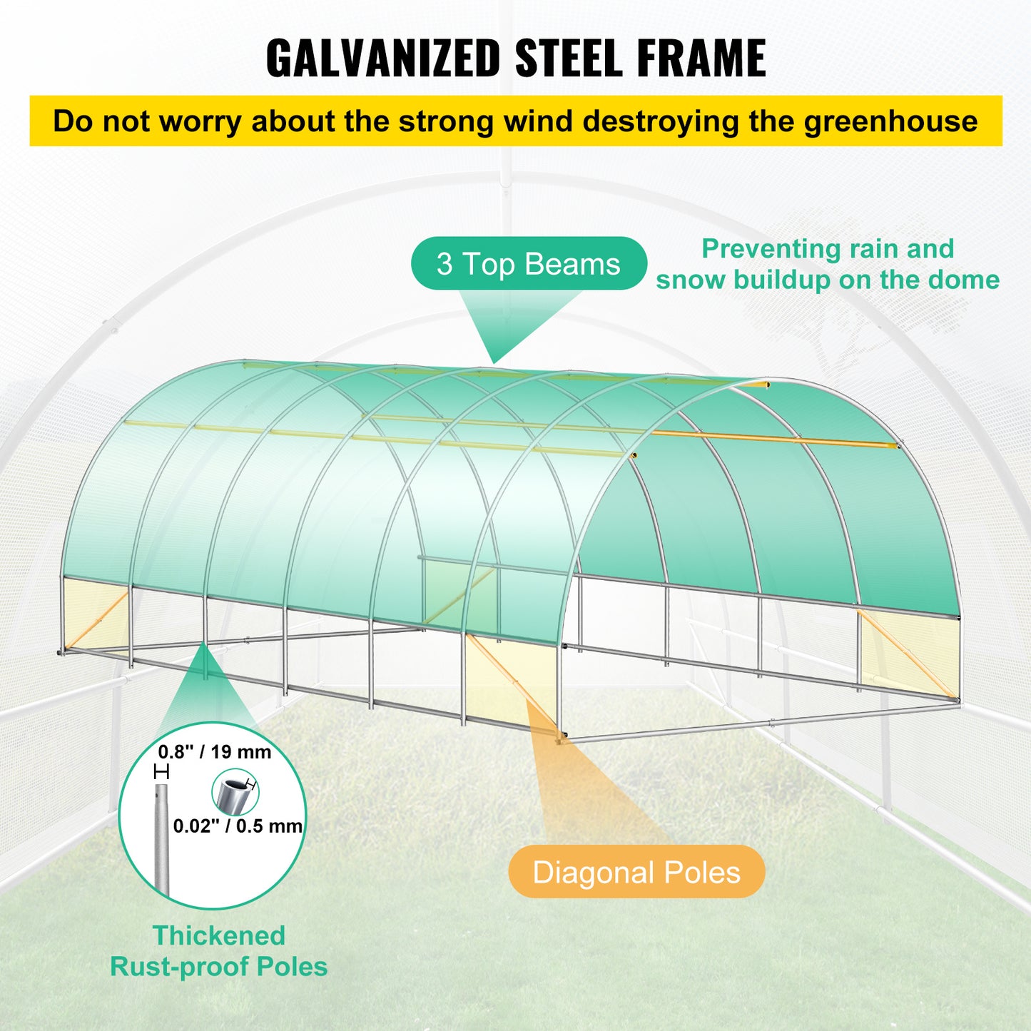 VEVOR Walk-in Tunnel Greenhouse, 20 X 10 X 7 Ft Portable Plant Hot House W Galvanized Steel Hoops, 3 Top Beams, Diagonal Poles, 2 Zippered Doors & 12 Roll-up Windows, White - ArtOm_farm™ MICROGREENS