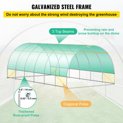 VEVOR Walk-in Tunnel Greenhouse, 20 X 10 X 7 Ft Portable Plant Hot House W Galvanized Steel Hoops, 3 Top Beams, Diagonal Poles, 2 Zippered Doors & 12 Roll-up Windows, White - ArtOm_farm™ MICROGREENS