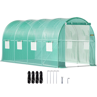 VEVOR Walk-in Tunnel Greenhouse, 15 X 7 X 7 Ft Portable Plant Hot House W Galvanized Steel Hoops, 1 Top Beam, Diagonal Poles, Zippered Door & 8 Roll-up Windows, Green - ArtOm_farm™ MICROGREENS