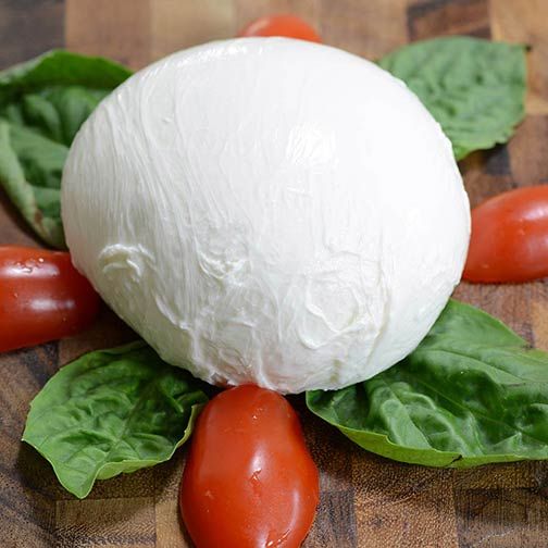 Ball of mozzarella cheese on a wooden board with basil leaves and tomatoes