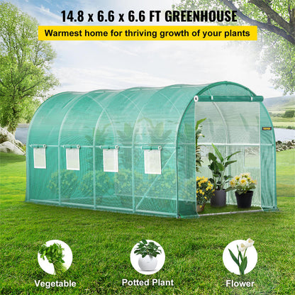 VEVOR Walk-in Tunnel Greenhouse, 15 X 7 X 7 Ft Portable Plant Hot House W Galvanized Steel Hoops, 1 Top Beam, Diagonal Poles, Zippered Door & 8 Roll-up Windows, Green - ArtOm_farm™ MICROGREENS