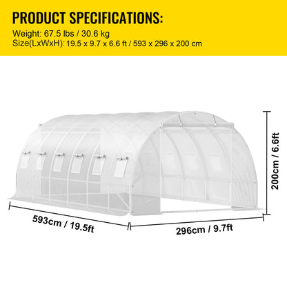 VEVOR Walk-in Tunnel Greenhouse, 20 X 10 X 7 Ft Portable Plant Hot House W Galvanized Steel Hoops, 3 Top Beams, Diagonal Poles, 2 Zippered Doors & 12 Roll-up Windows, White - ArtOm_farm™ MICROGREENS