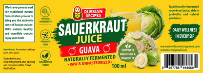 A 100 ml bottle of Art of Farming's Russian Recipes Sauerkraut Juice with Guava flavor. The packaging is bright yellow with green, red, and white graphics, featuring a large cabbage and guava illustration, and text detailing its natural fermentation process and daily wellness benefits.