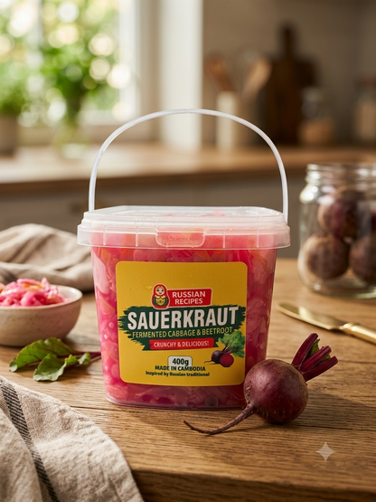 Container of sauerkraut with a label on a wooden table in a kitchen setting