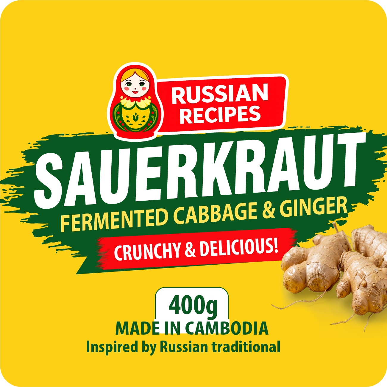Sauerkraut packaging with ginger on a yellow background, featuring Russian Recipes branding.