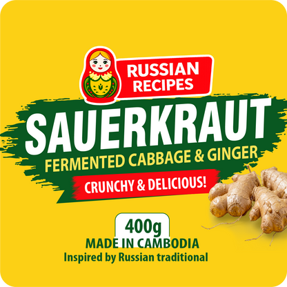 Sauerkraut packaging with ginger on a yellow background, featuring Russian Recipes branding.