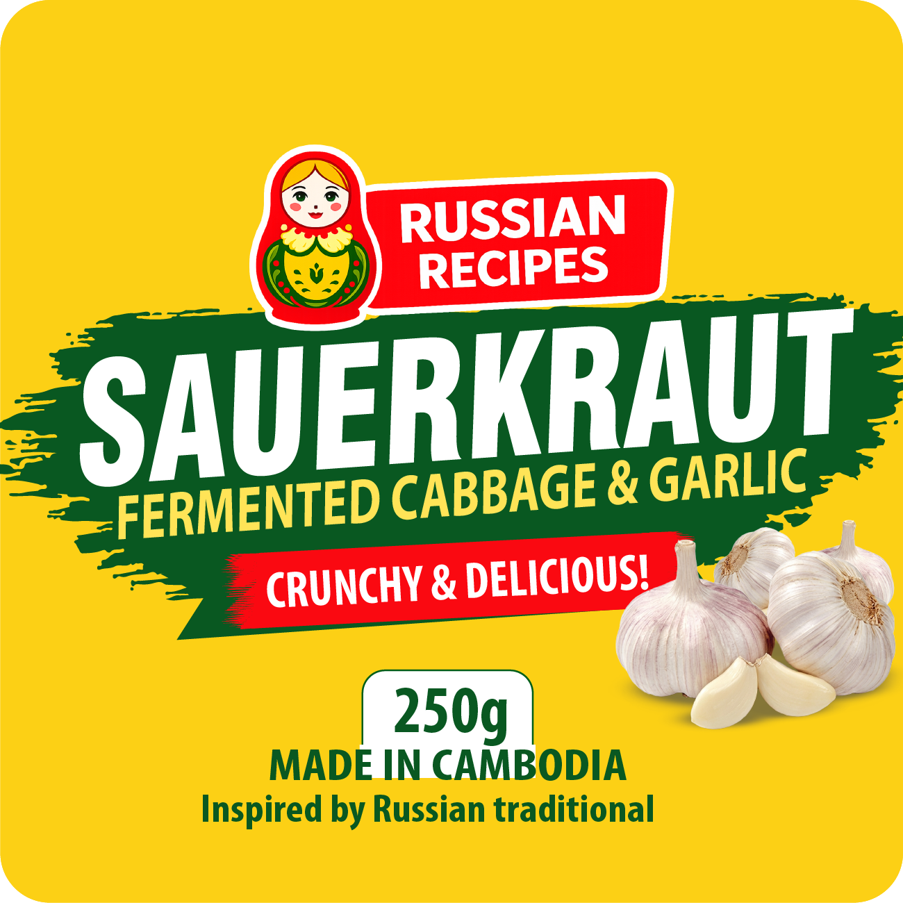 Sauerkraut packaging with garlic on a yellow background, featuring Russian Recipes branding.