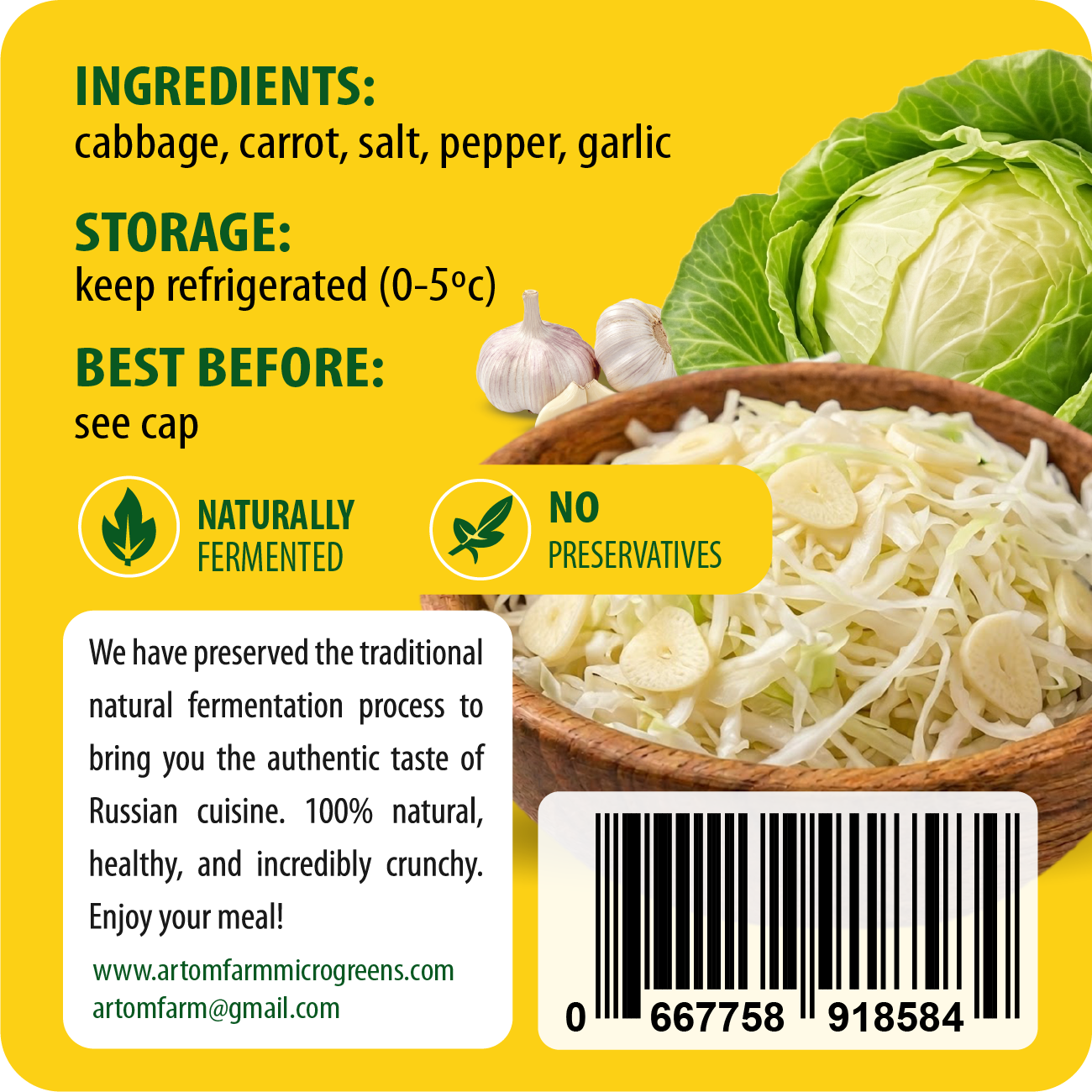 Label for a product with ingredients, storage instructions, and a bowl of shredded cabbage.