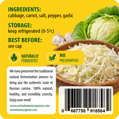 Label for a product with ingredients, storage instructions, and a bowl of shredded cabbage.