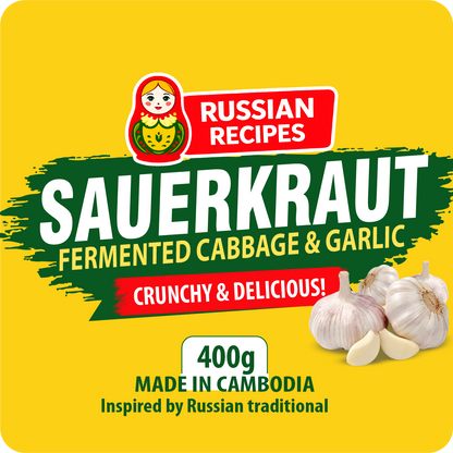 Sauerkraut packaging with garlic on a yellow background, featuring Russian Recipes branding.