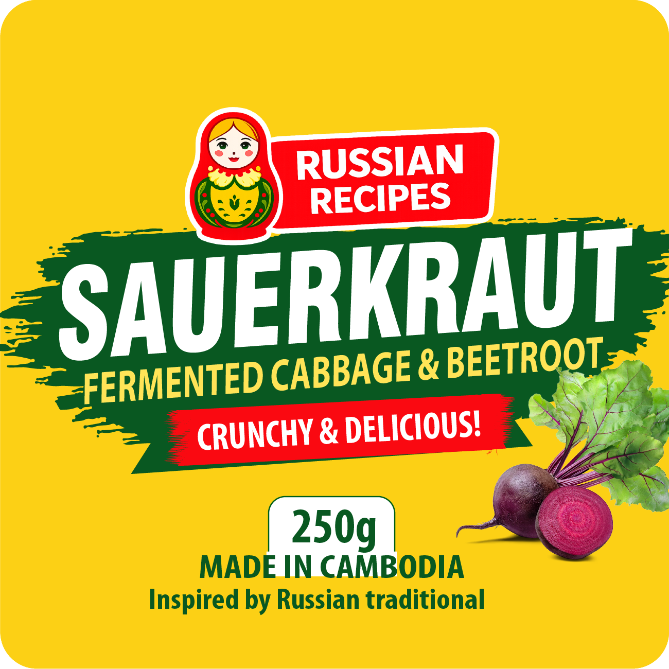 Sauerkraut product label with Russian Recipes branding on a yellow background