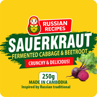 Sauerkraut product label with Russian Recipes branding on a yellow background