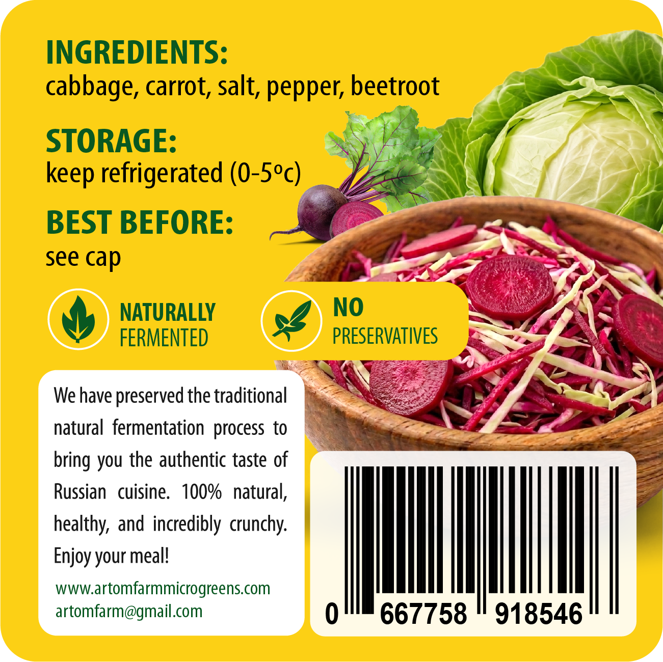 Label for a product with ingredients, storage instructions, and a barcode on a yellow background.