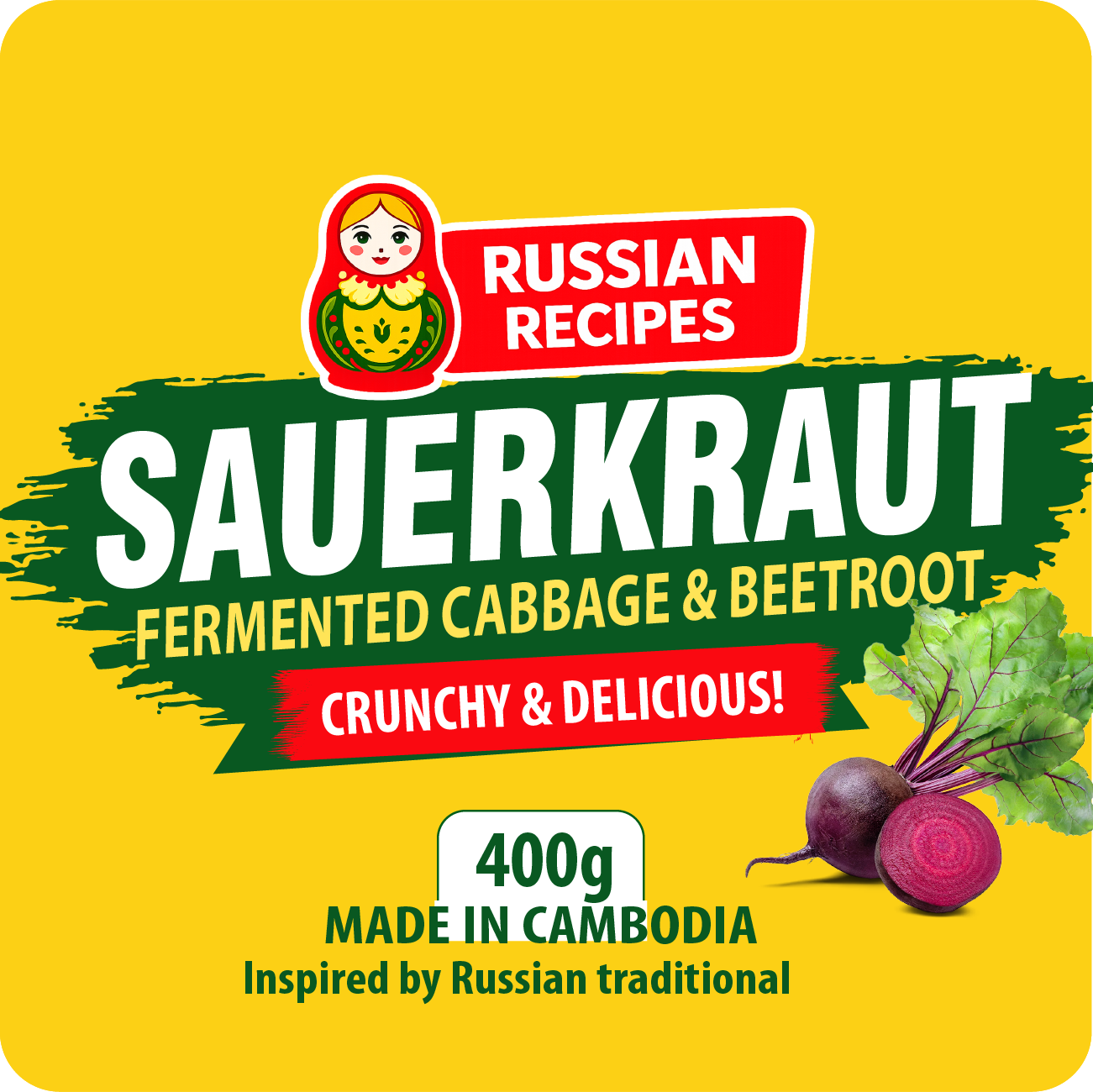 Sauerkraut product label with Russian Recipes branding on a yellow background