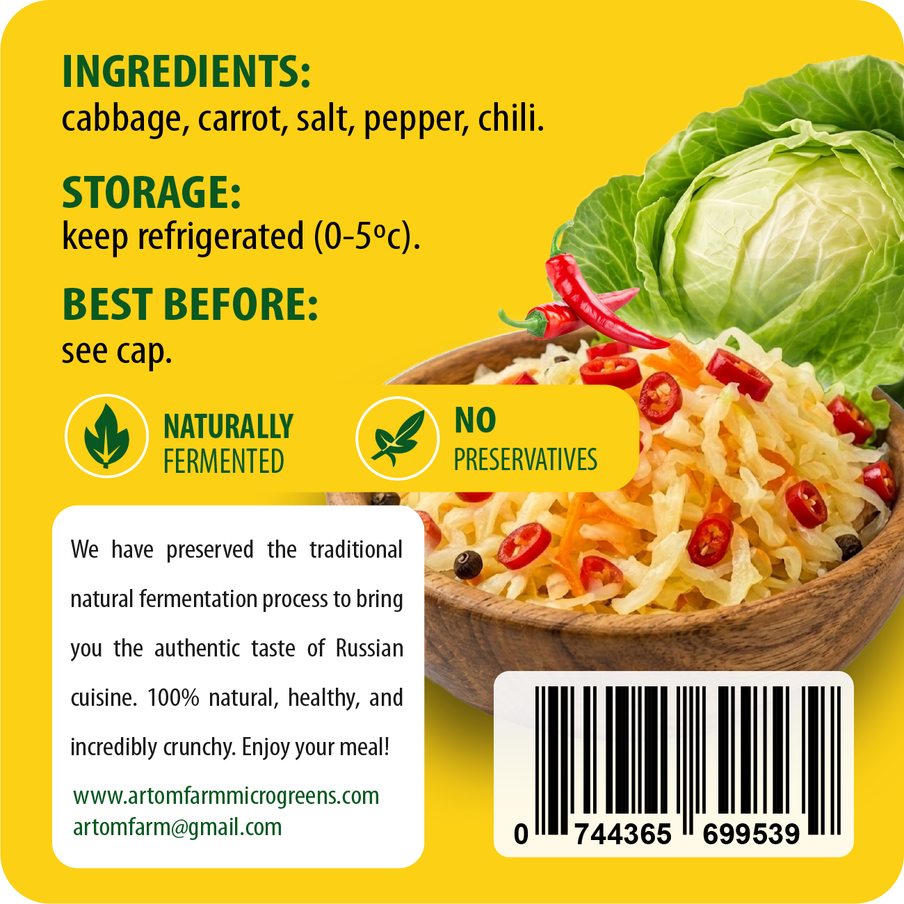 Label for fermented cabbage with ingredients, storage, and best before information on a yellow background.