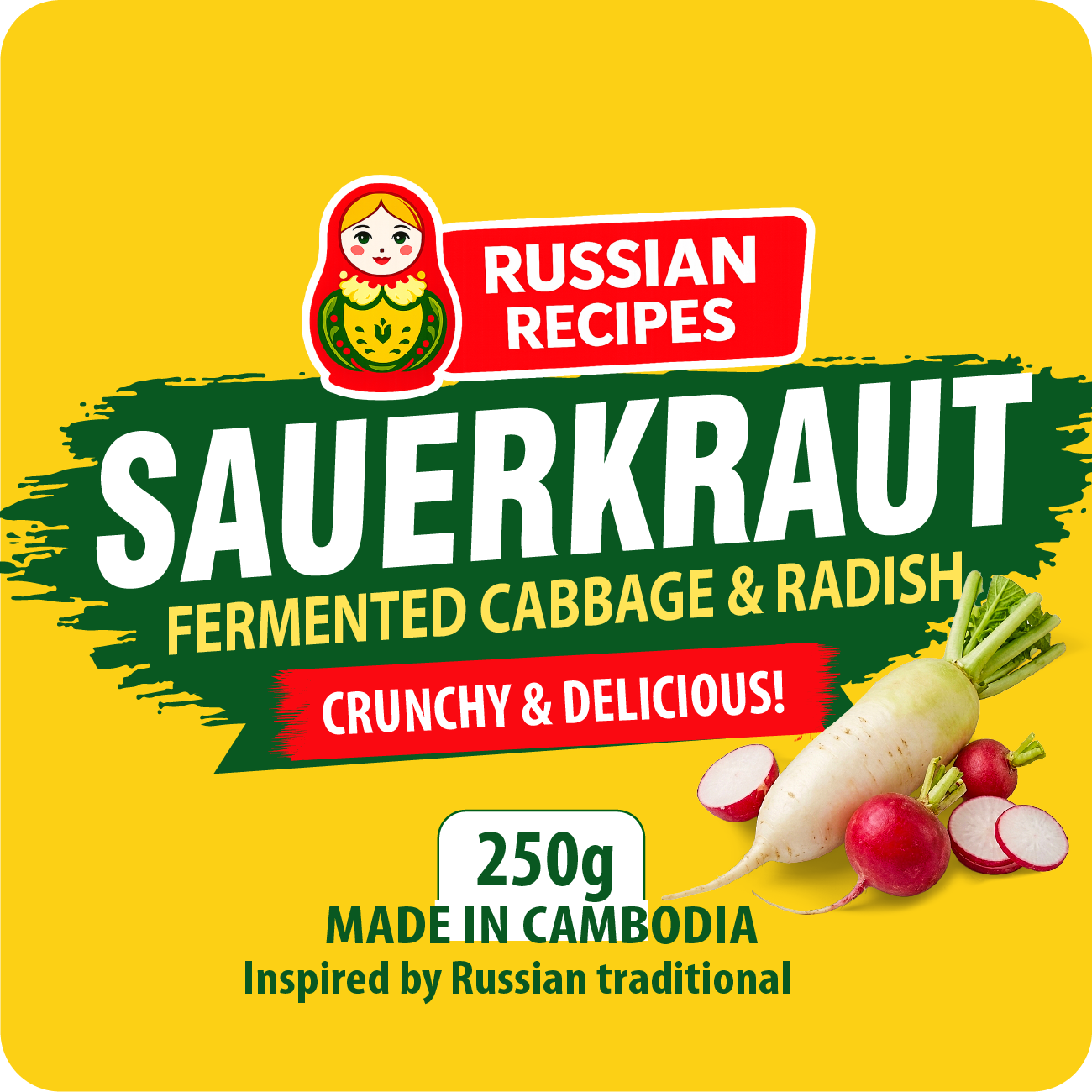 Sauerkraut packaging with Russian Recipes branding on a yellow background