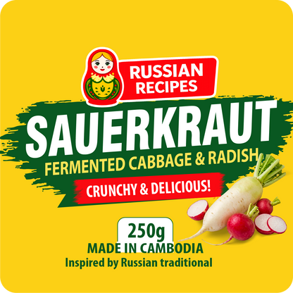 Sauerkraut packaging with Russian Recipes branding on a yellow background