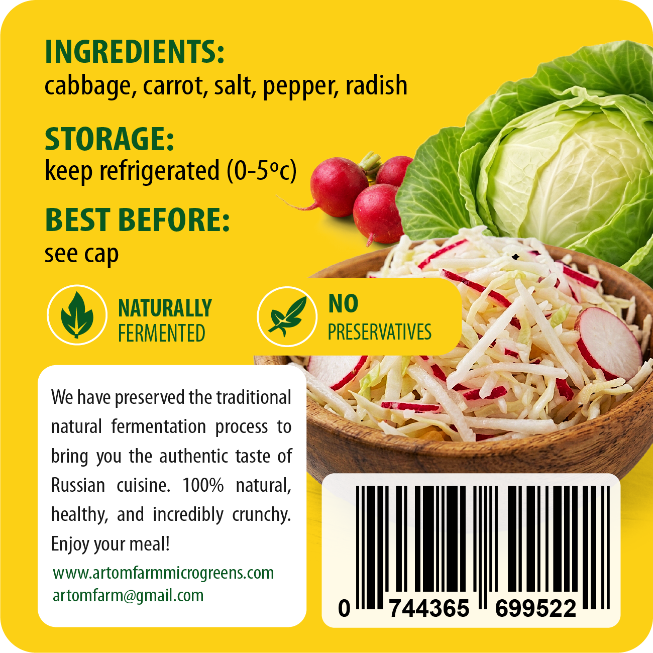 Label for a fermented vegetable product with ingredients, storage instructions, and a barcode.