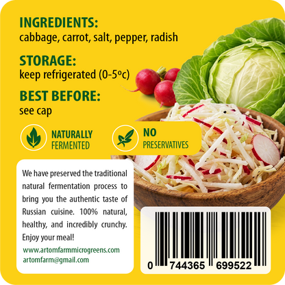 Label for a fermented vegetable product with ingredients, storage instructions, and a barcode.