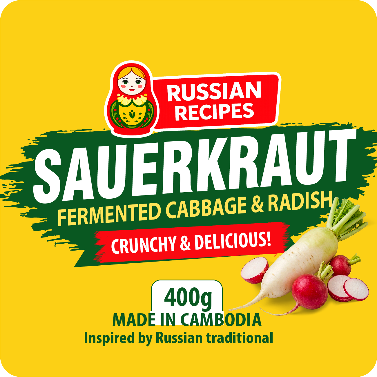 Sauerkraut packaging with Russian Recipes logo on a yellow background
