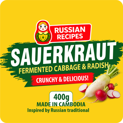 Sauerkraut packaging with Russian Recipes logo on a yellow background