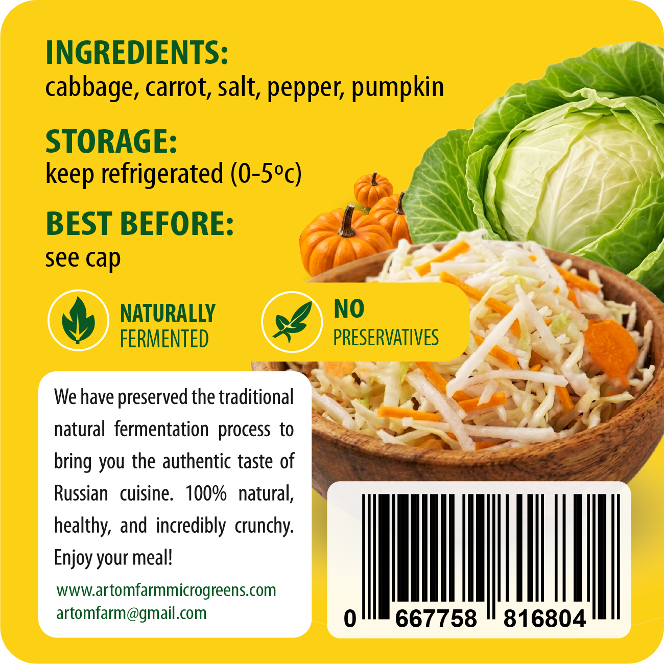 Label for a product with ingredients, storage instructions, and a picture of coleslaw on a yellow background.