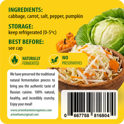 Label for a product with ingredients, storage instructions, and a picture of coleslaw on a yellow background.