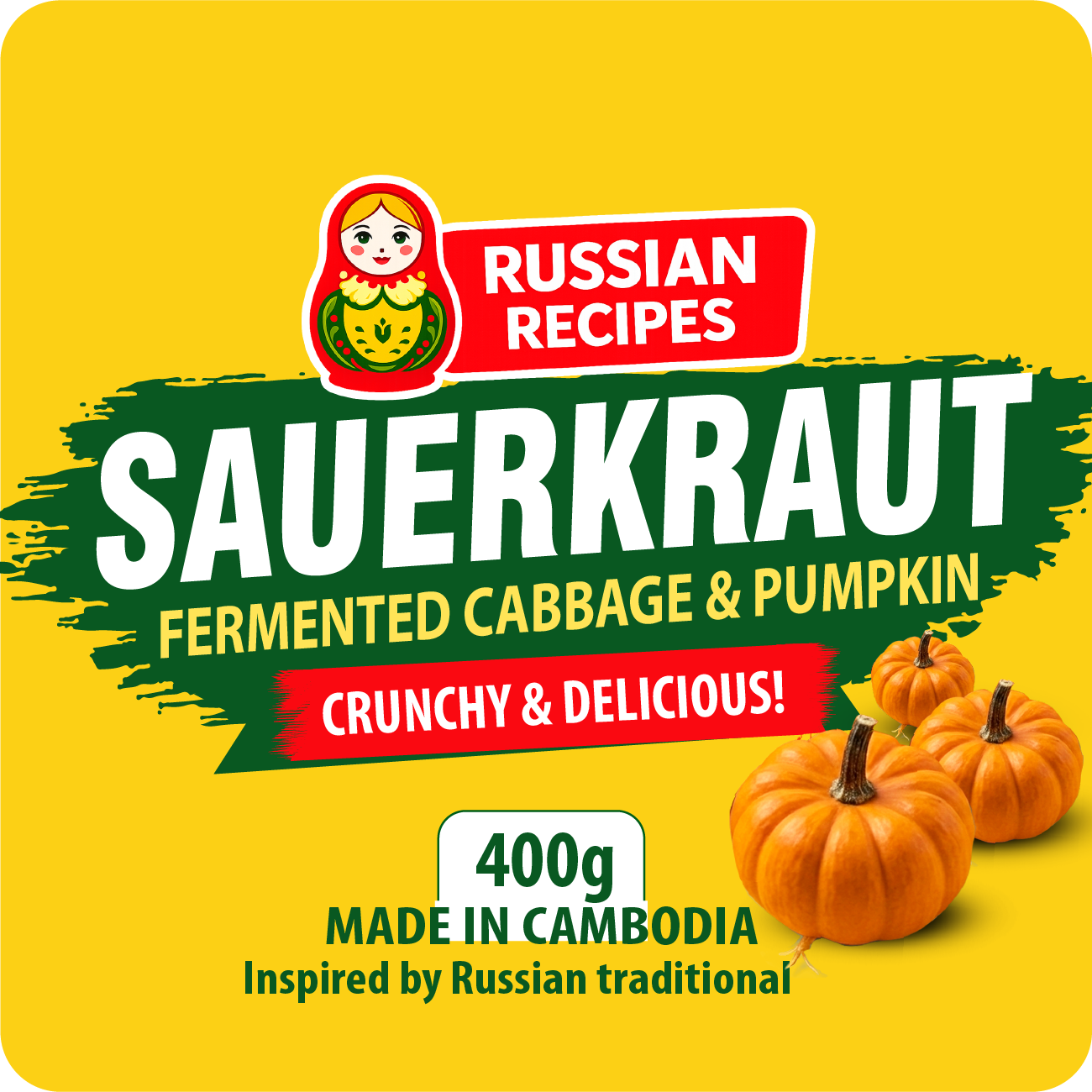 Sauerkraut package with pumpkins on a yellow background, featuring Russian Recipes branding.