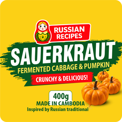 Sauerkraut package with pumpkins on a yellow background, featuring Russian Recipes branding.
