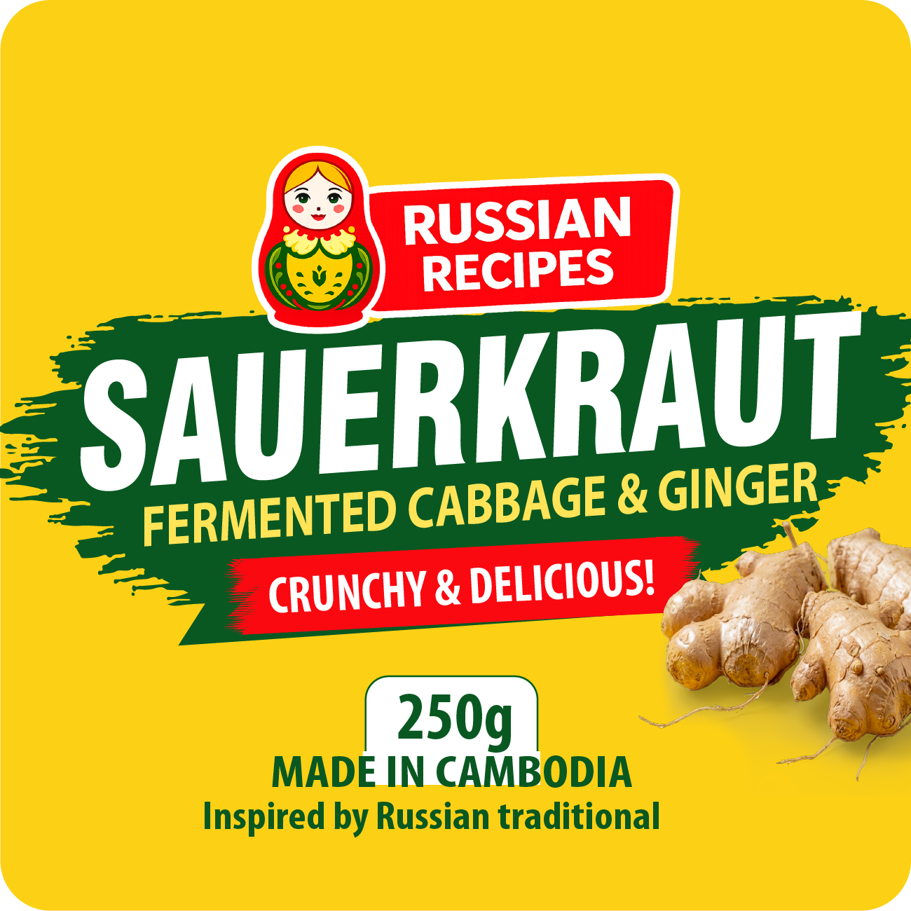 Sauerkraut packaging with ginger on a yellow background, featuring Russian Recipes branding.