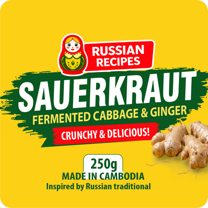 Sauerkraut packaging with ginger on a yellow background, featuring Russian Recipes branding.