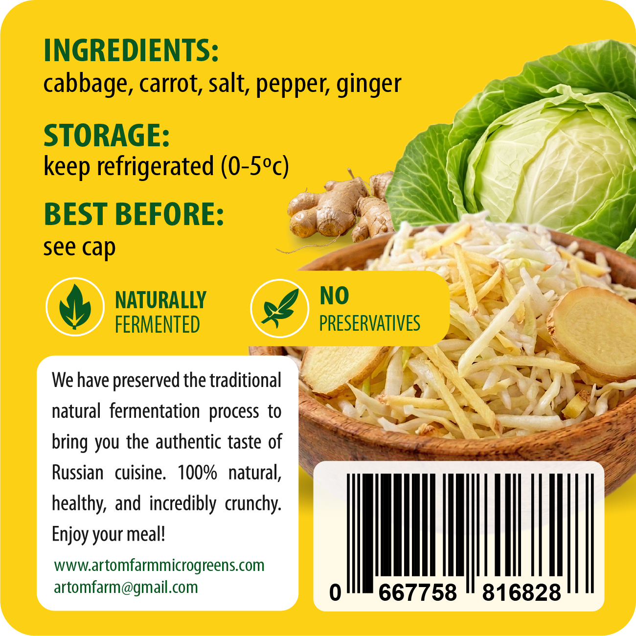 Label for a product with ingredients, storage instructions, and a picture of cabbage and ginger.