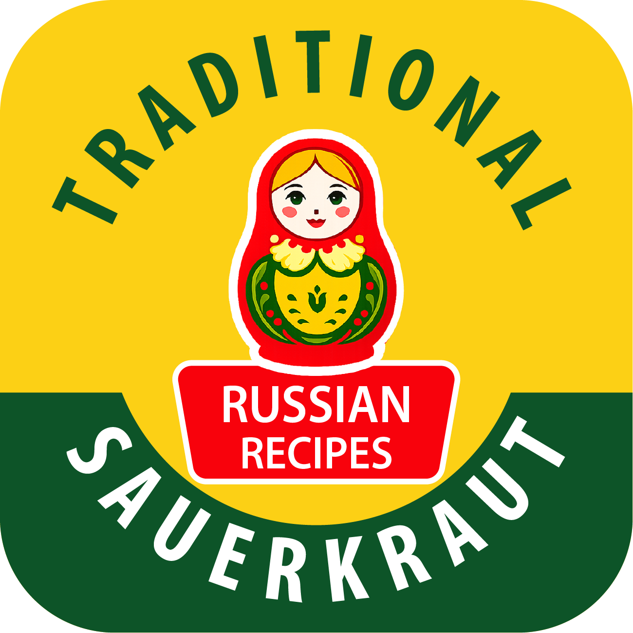 Logo for traditional Russian sauerkraut with a matryoshka doll design on a yellow and green background.