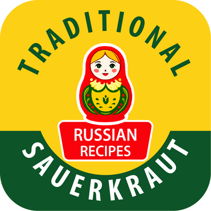 Logo for traditional Russian sauerkraut with a matryoshka doll design on a yellow and green background.