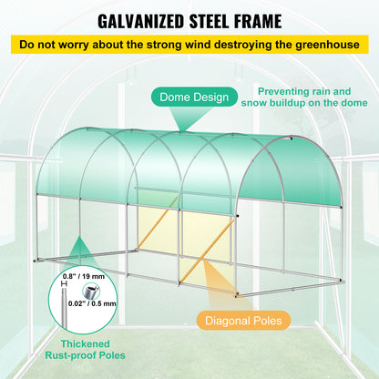 VEVOR Walk-in Tunnel Greenhouse, 15 X 7 X 7 Ft Portable Plant Hot House W Galvanized Steel Hoops, 1 Top Beam, Diagonal Poles, Zippered Door & 8 Roll-up Windows, Green - ArtOm_farm™ MICROGREENS