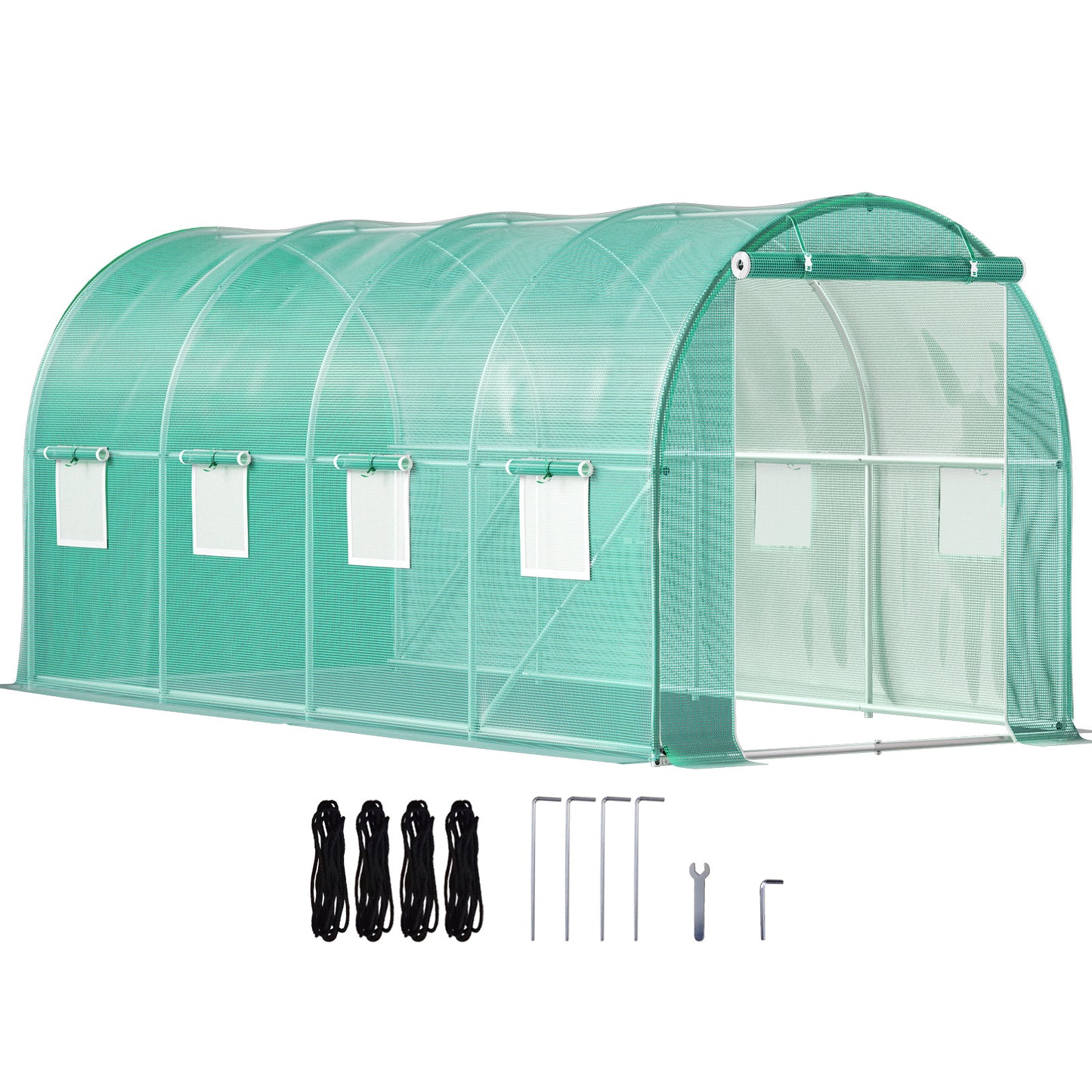 VEVOR Walk-in Tunnel Greenhouse, 15 X 7 X 7 Ft Portable Plant Hot House W Galvanized Steel Hoops, 1 Top Beam, Diagonal Poles, Zippered Door & 8 Roll-up Windows, Green