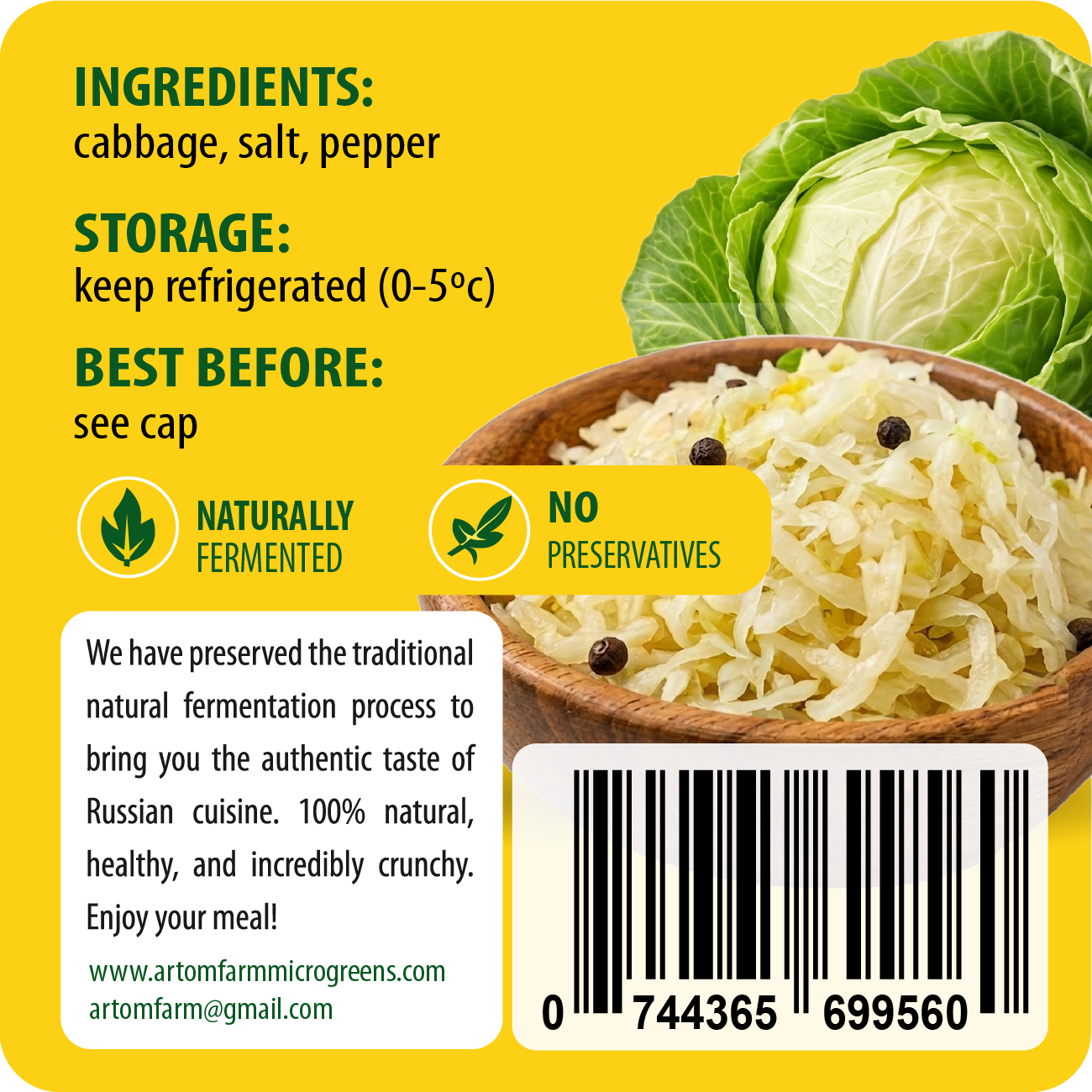Back label of a fermented cabbage product showing ingredients, storage instructions, best before date, natural fermentation badge, no preservatives badge, website contact info, barcode, and a photo of sauerkraut with a cabbage head on a yellow background.
