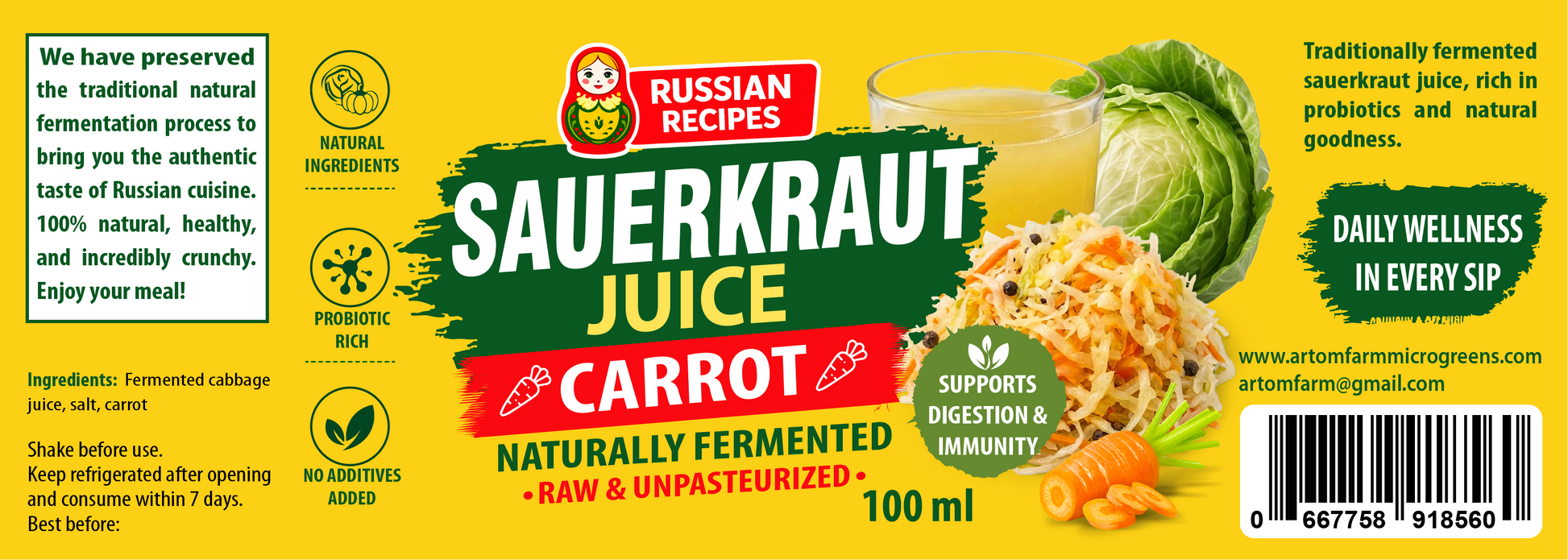 Front and back of a Russian Recipes Sauerkraut Juice Carrot package, showing the front label with ingredients, usage, and benefits, and the back label with barcode and website.