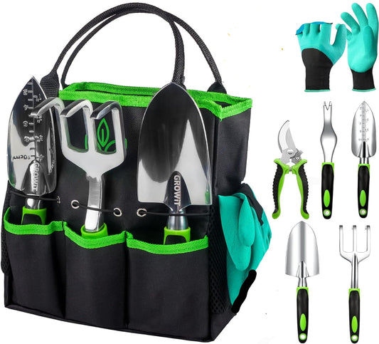 Heavy Duty Garden Tools 9Pieces Set - Rust Proof, Ergonomic Gardening Hand Tools Garden Gifts For Mom And Dad