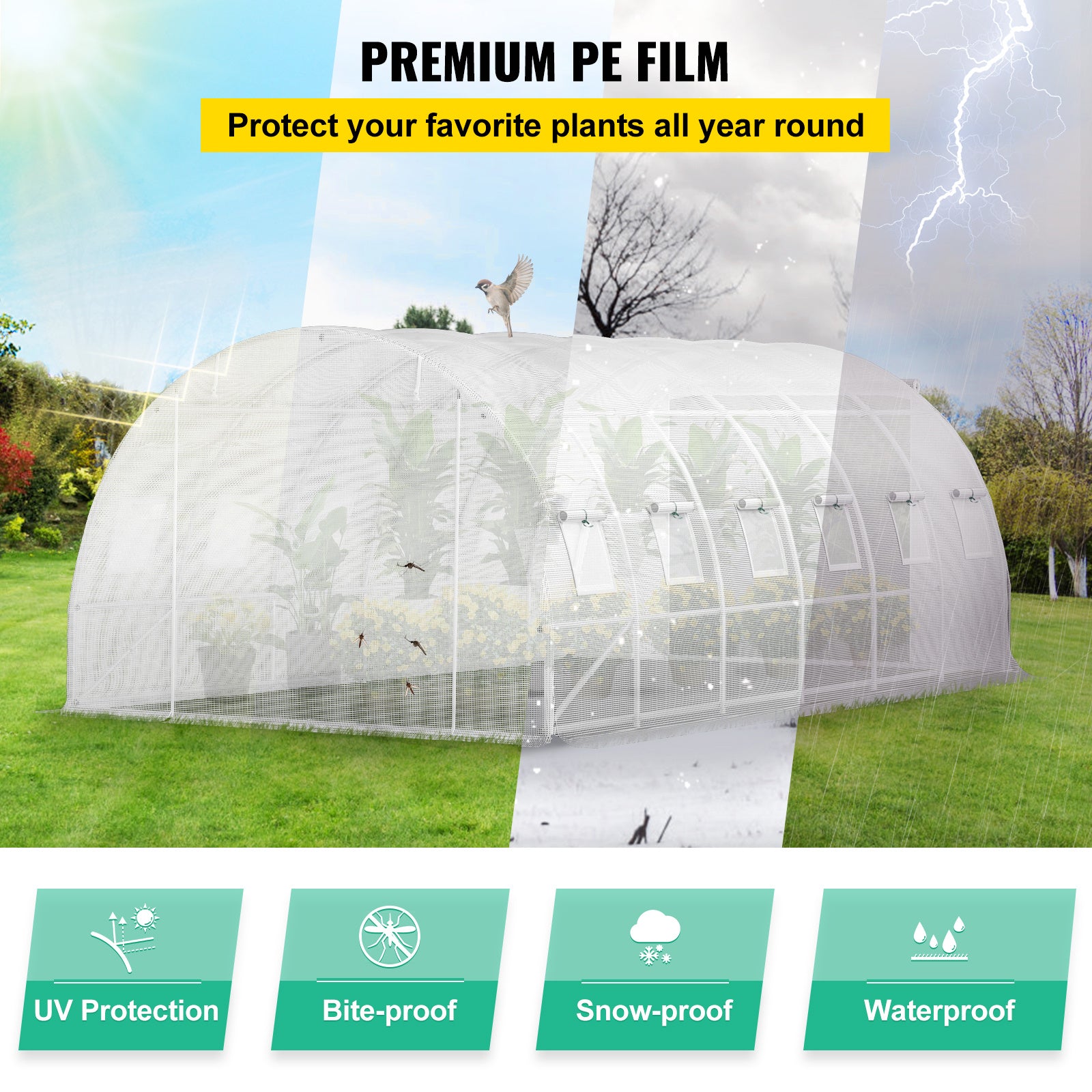 VEVOR Walk-in Tunnel Greenhouse, 20 X 10 X 7 Ft Portable Plant Hot House W Galvanized Steel Hoops, 3 Top Beams, Diagonal Poles, 2 Zippered Doors & 12 Roll-up Windows, White - ArtOm_farm™ MICROGREENS