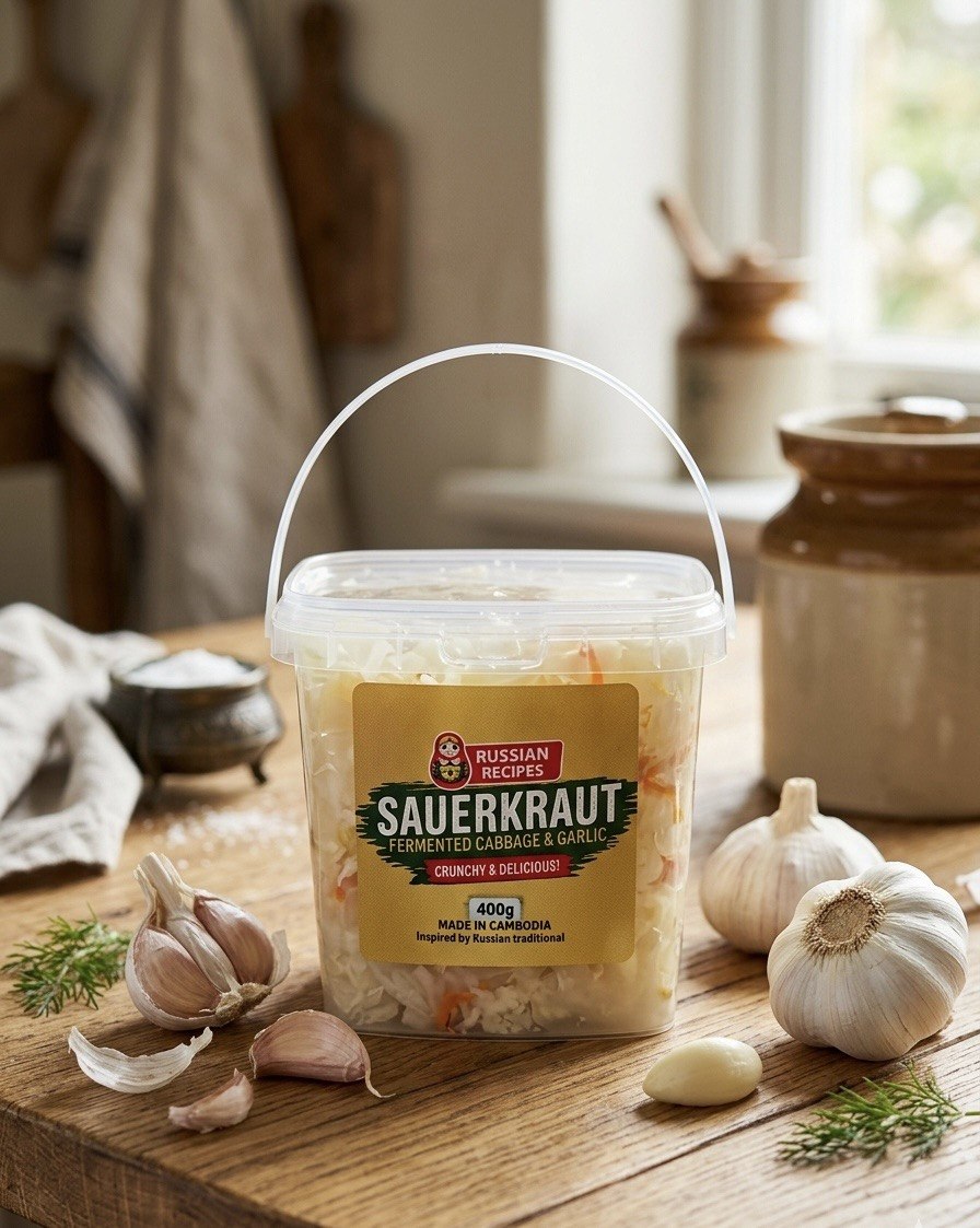 Container of sauerkraut on a wooden table with garlic and herbs